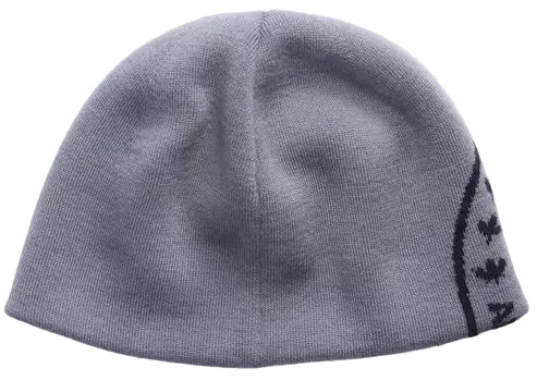 A gray knit beanie with a subtle black curved graphic on the side featuring small star-like shapes.