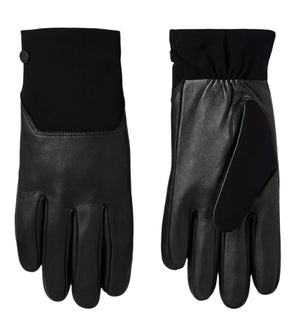 Pair of black leather gloves with knit cuffs, button detail.