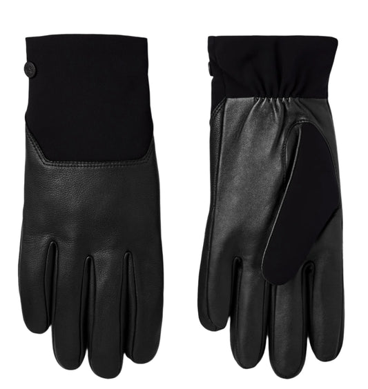Pair of black leather gloves with knit cuffs, button detail.