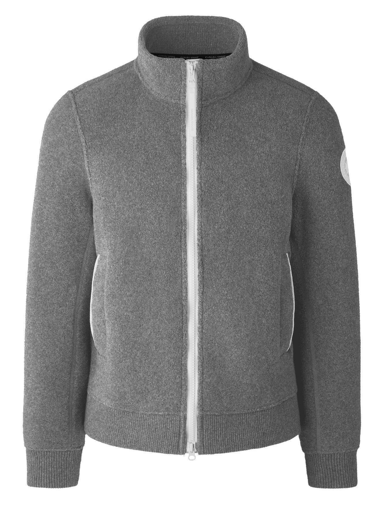 Grey zip-up fleece jacket with a stand-up collar and two pockets.