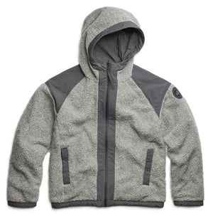 A gray, hooded, fleece jacket with nylon details.