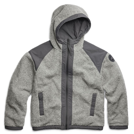 A gray, hooded, fleece jacket with nylon details.