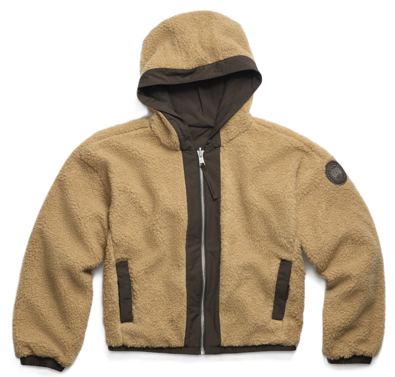 A beige fleece jacket with a brown hood, zipper and trim.