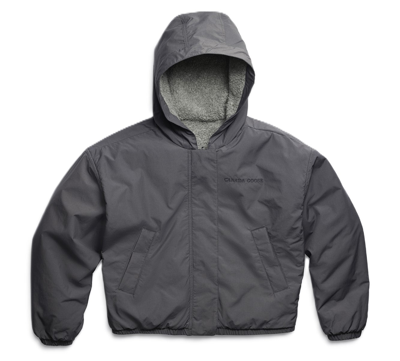 A gray hooded jacket with "OUTDOOR GOODS" written in black.