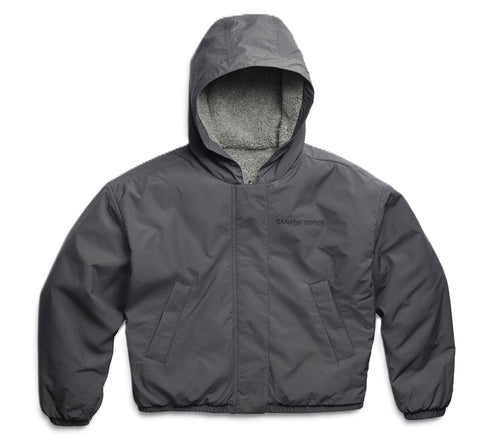 A gray hooded jacket with "OUTDOOR GOODS" written in black.