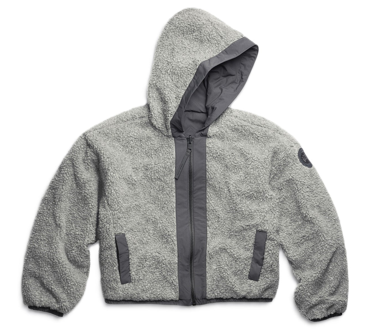 Gray hooded sherpa jacket with gray trim and two pockets.