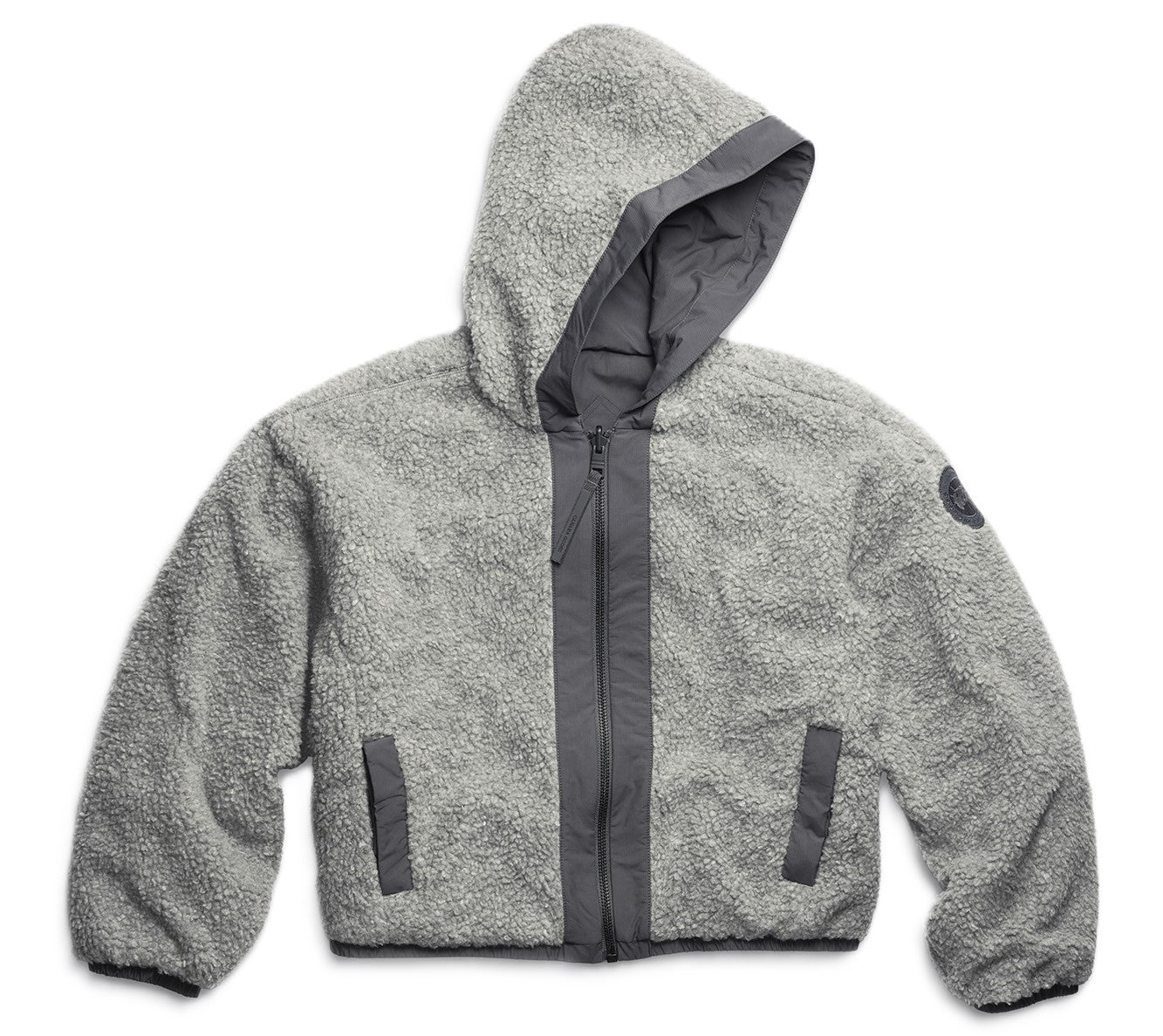 Gray hooded sherpa jacket with gray trim and two pockets.