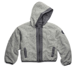 Gray hooded sherpa jacket with gray trim and two pockets.