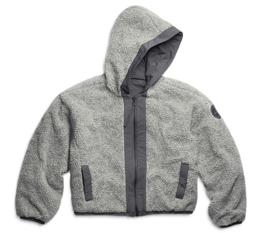 Gray hooded sherpa jacket with gray trim and two pockets.