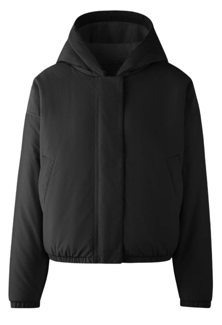 Black hooded puffer jacket with a straight front and long sleeves.