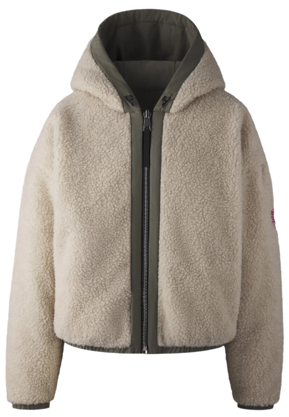 Beige sherpa fleece hooded jacket with olive green trim and zipper.