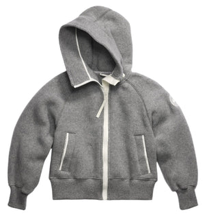 Heather gray zip-up hooded sweatshirt with white trim and two front pockets.
