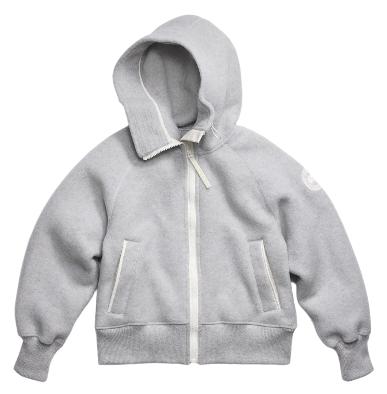 Hooded gray sweatshirt with zipper and front pockets.