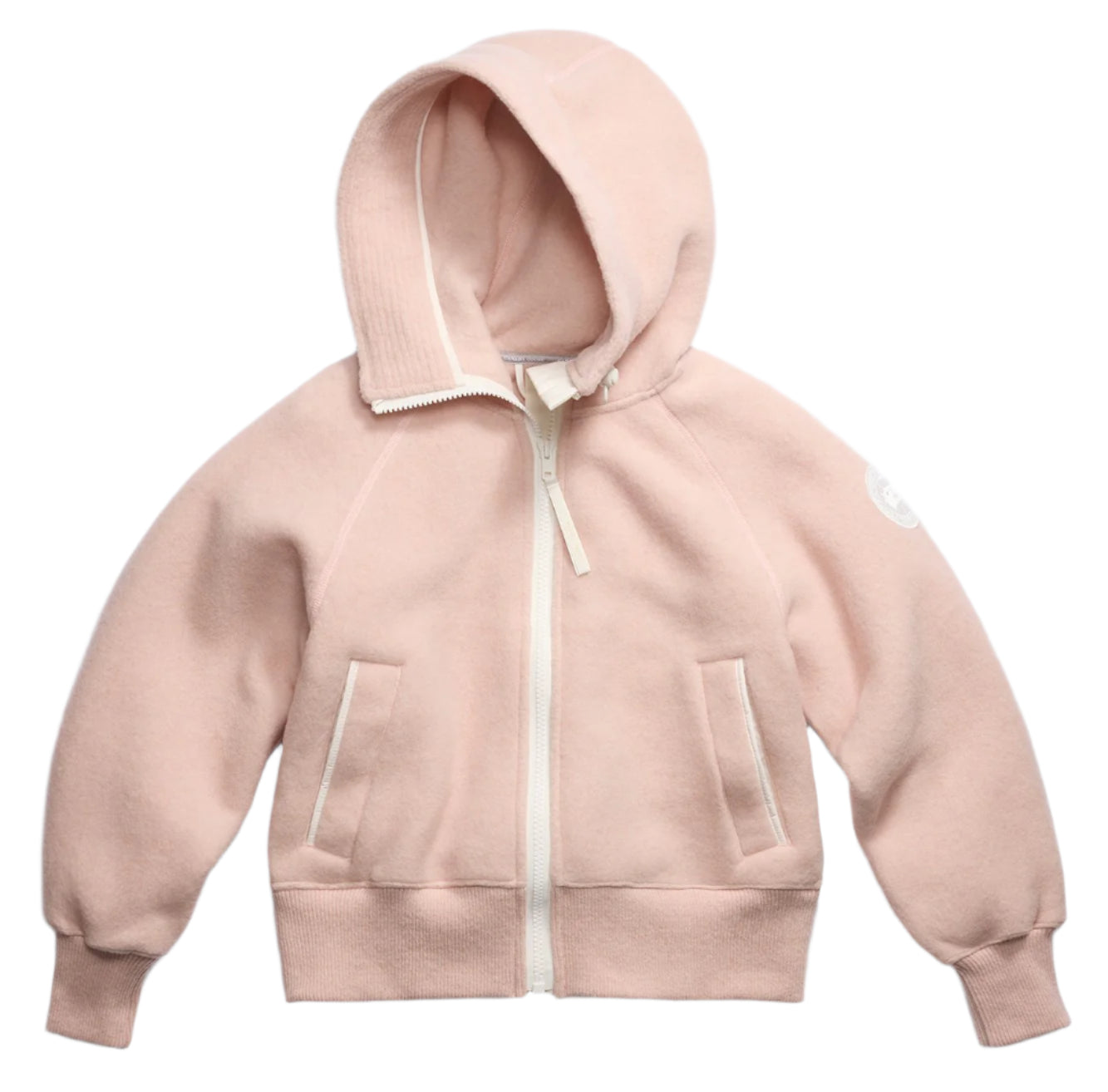 Pink zip-up hoodie with white zipper and kangaroo pockets.
