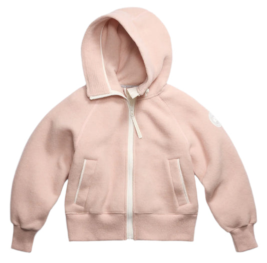 Pink zip-up hoodie with white zipper and kangaroo pockets.