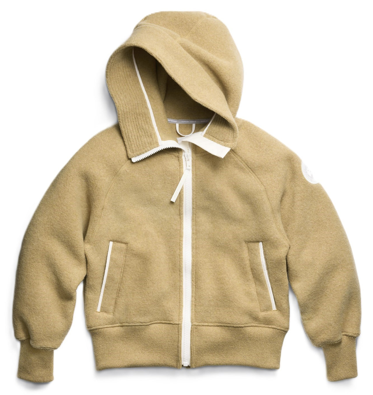 Tan, hooded jacket with white accents and zipper.