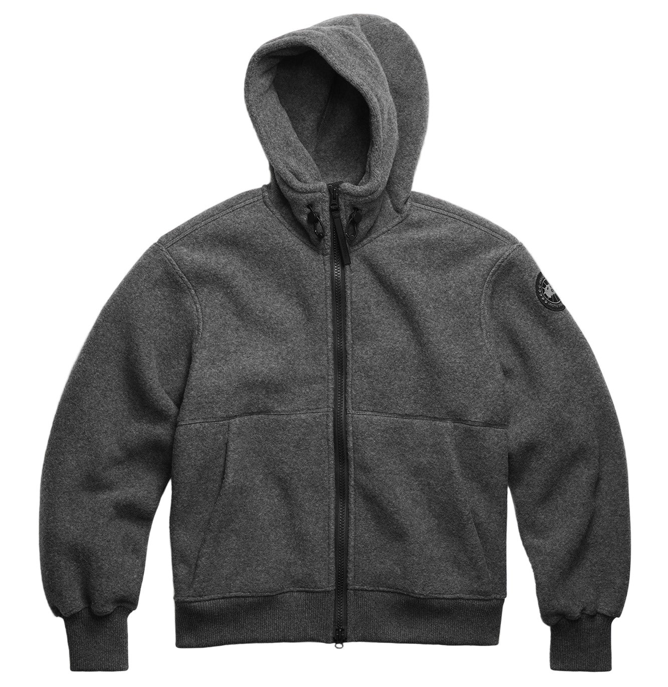 Gray hooded fleece jacket with zipper, two front pockets, and a logo on the upper left sleeve.