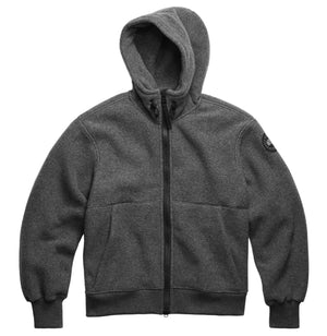 Gray hooded fleece jacket with zipper, two front pockets, and a logo on the upper left sleeve.
