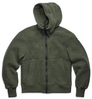 Olive green fleece hoodie with full zipper, hood, and emblem on left shoulder.