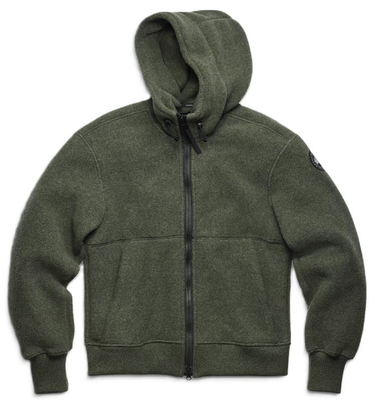 Olive green fleece hoodie with full zipper, hood, and emblem on left shoulder.