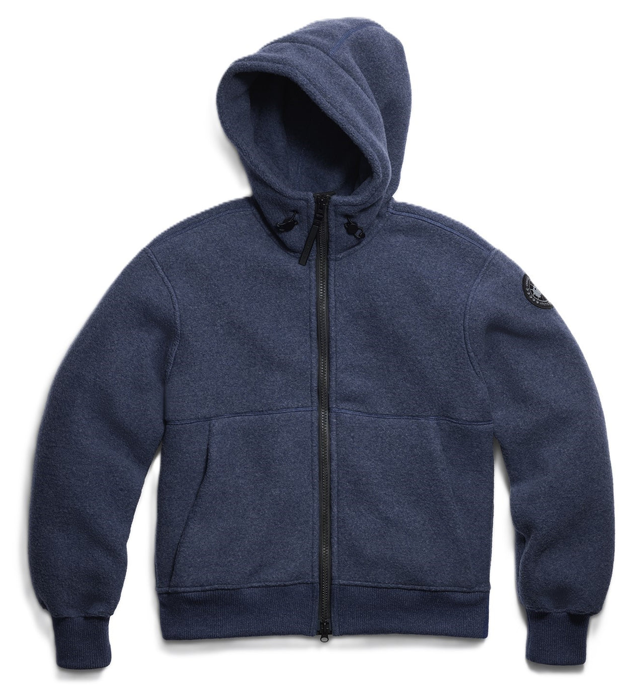 Blue fleece hooded jacket with full zipper and logo patch on sleeve.