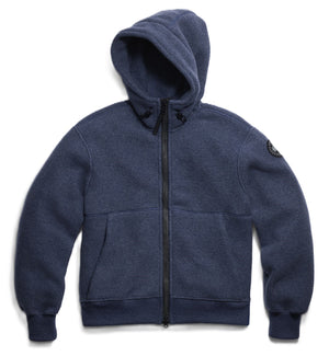 Blue fleece hooded jacket with full zipper and logo patch on sleeve.