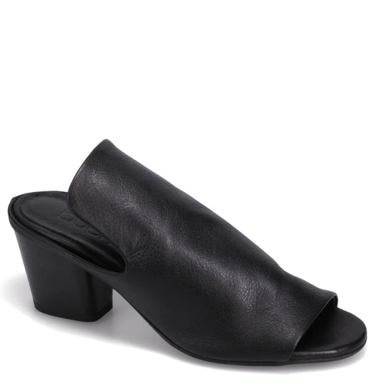 A black leather open-toed heeled shoe.