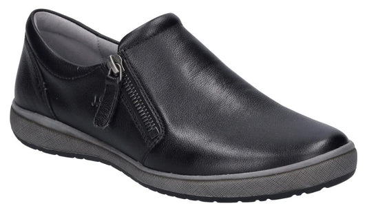 Black leather slip-on shoe with side zipper and gray sole.