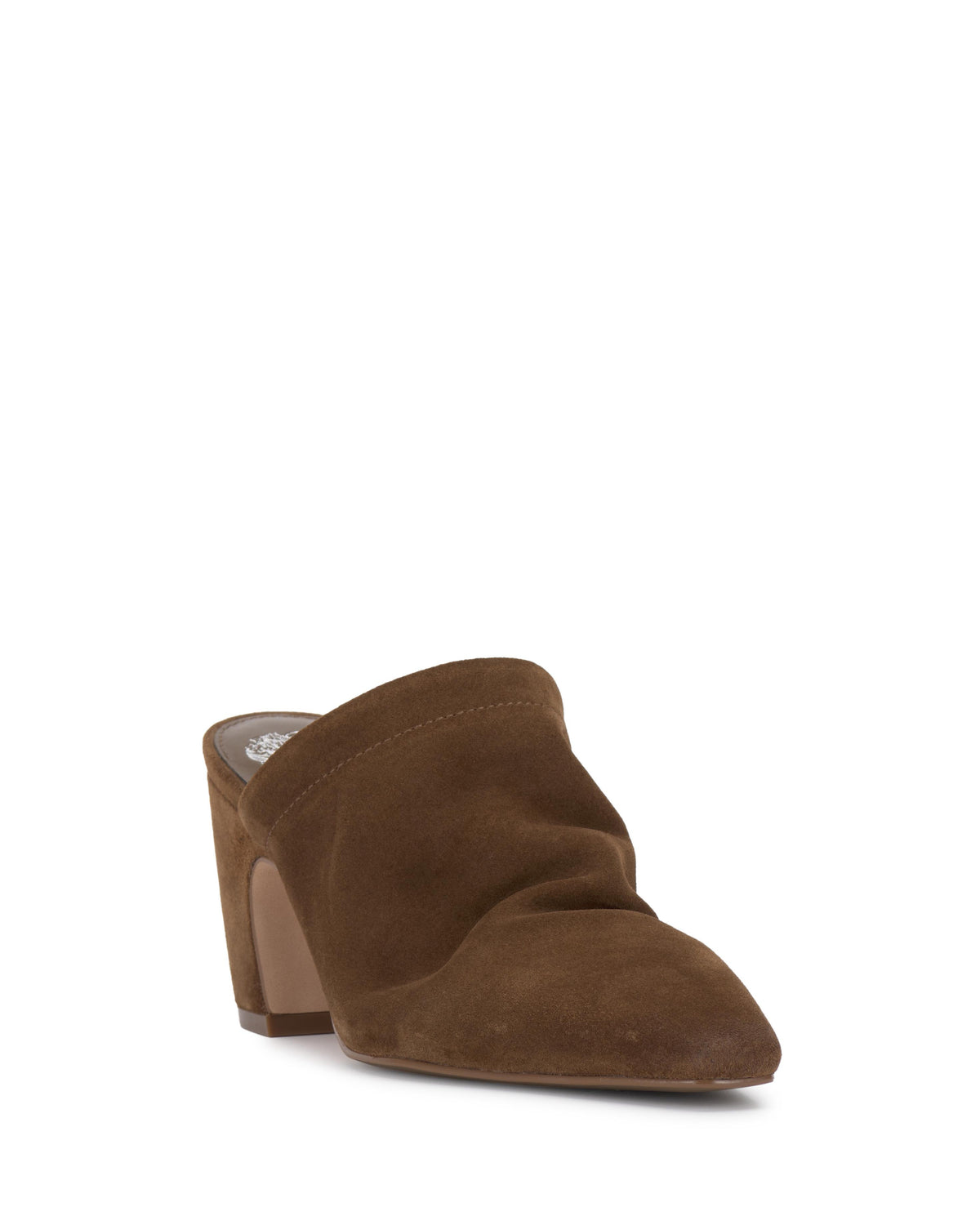 A brown suede mule shoe with a block heel.