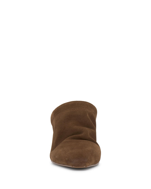 Brown suede pointed-toe heeled mule.