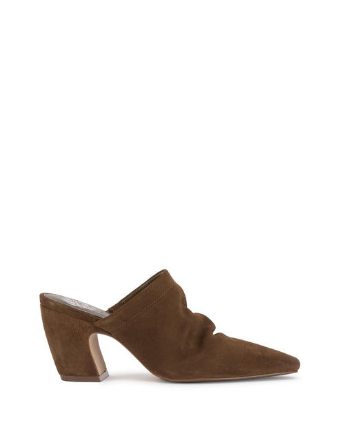 Side view of a brown suede mule shoe with a pointed toe and block heel.