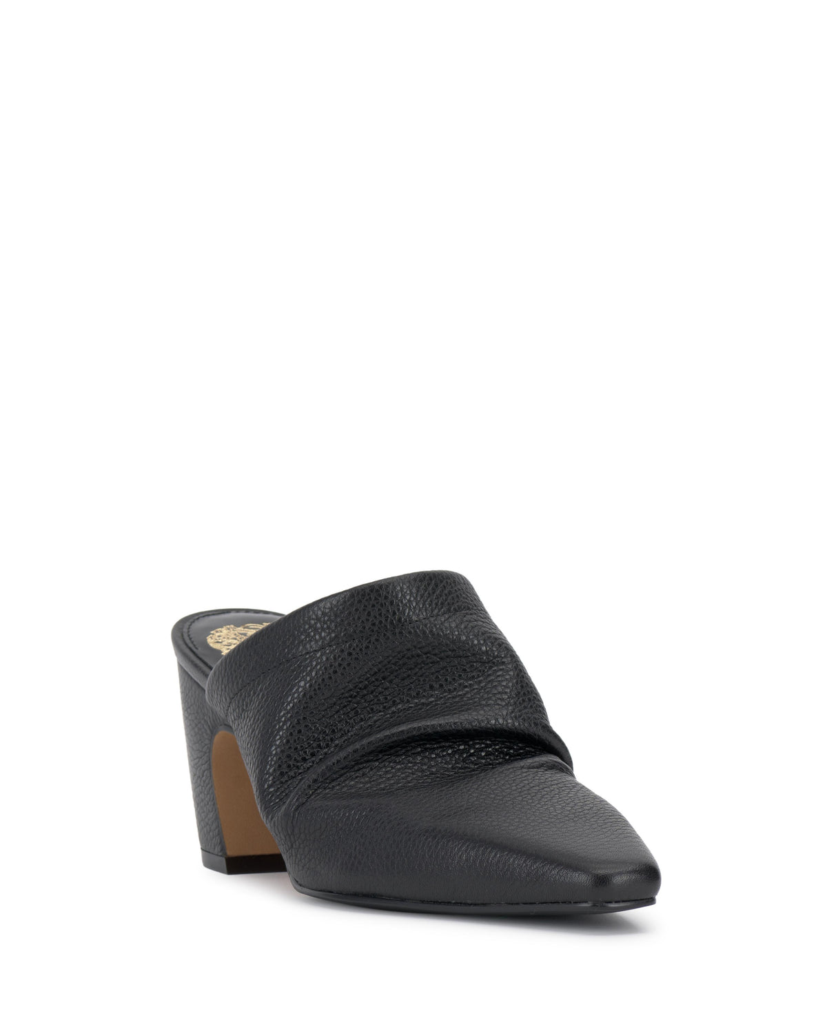 Black leather mule with a block heel and ruched detailing.