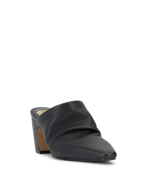 Black leather mule with a block heel and ruched detailing.
