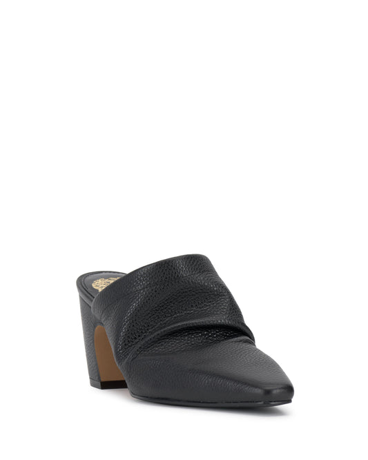 Black leather mule with a block heel and ruched detailing.