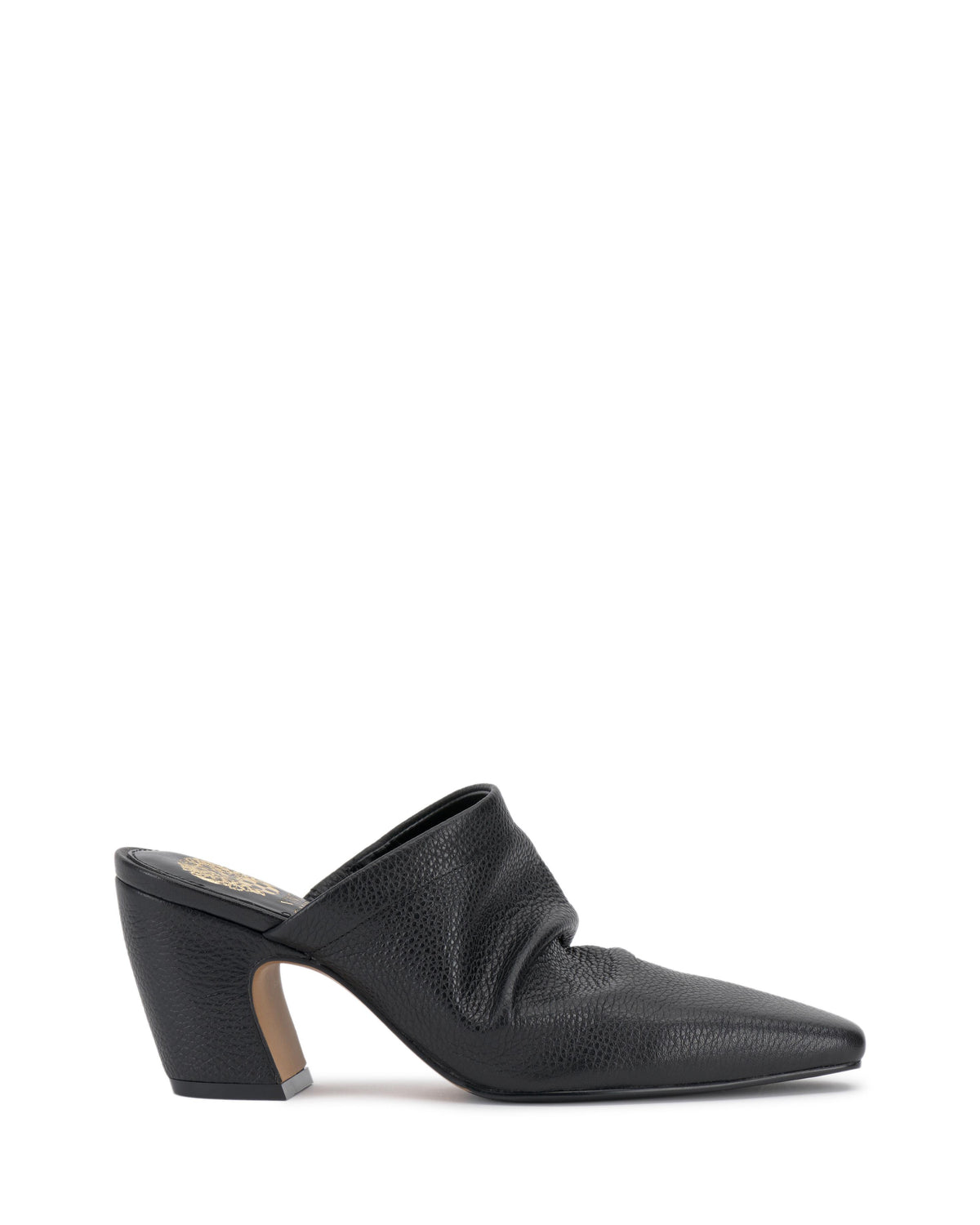 A black pointed-toe mule has a stacked heel and leather-like upper with a ruched design.