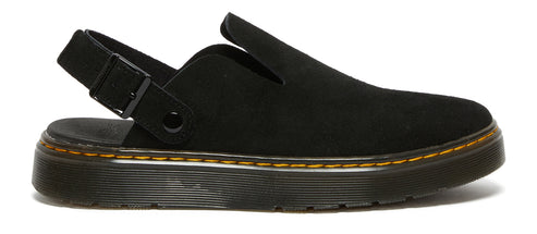 A black slip-on clog with a back strap and buckle, featuring yellow stitching around the sole.