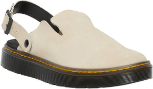 Off-white leather clog with a black sole and a heel strap secured with a buckle.