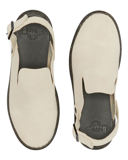 Overhead view of a pair of off-white leather sandals with slingback straps and black soles; the insole is branded with visible text.