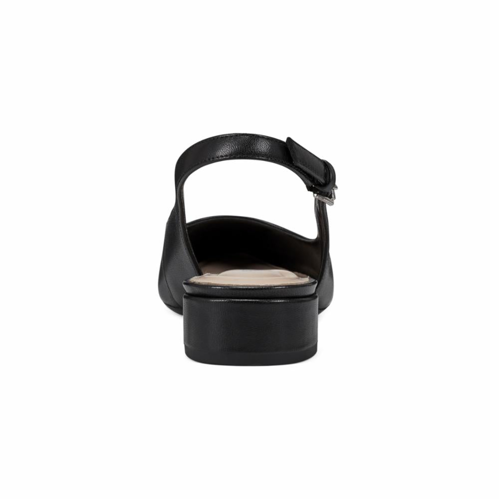 Back view of a black leather slingback block heel shoe.