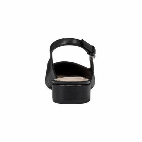 Back view of a black leather slingback block heel shoe.