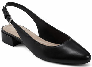 Black leather slingback shoe with a low block heel and pointed toe.