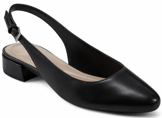 Black leather slingback shoe with a low block heel and pointed toe.