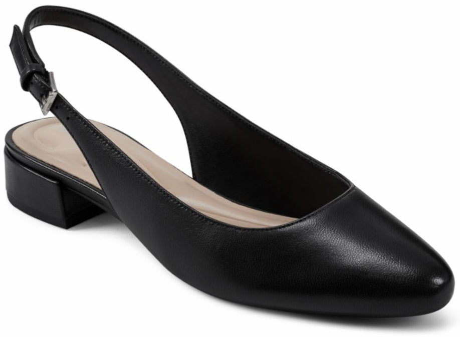 Black, pointed-toe slingback heel with a short, block heel.