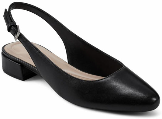 Black, pointed-toe slingback heel with a short, block heel.