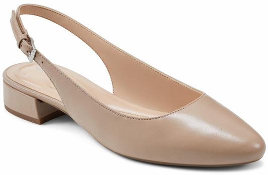Beige leather slingback pump with a small block heel.