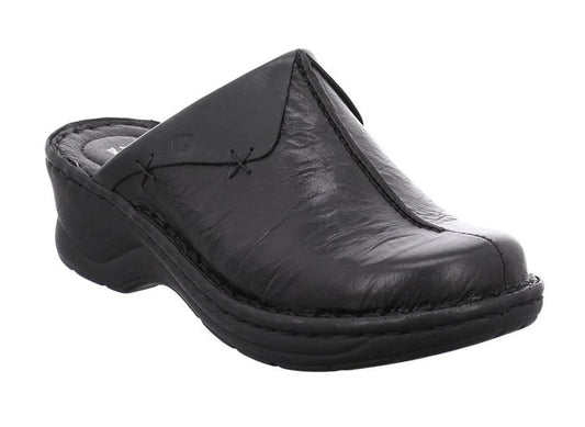 Black leather slip-on clog shoe with low wedge heel and decorative stitching.