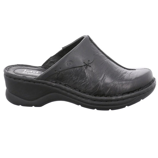 Black leather clog with decorative stitching.