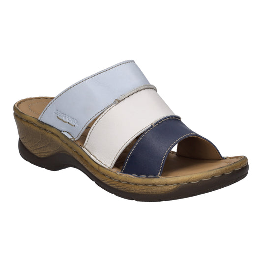 Slide sandal with light blue, white, and navy blue straps on a contoured footbed.
