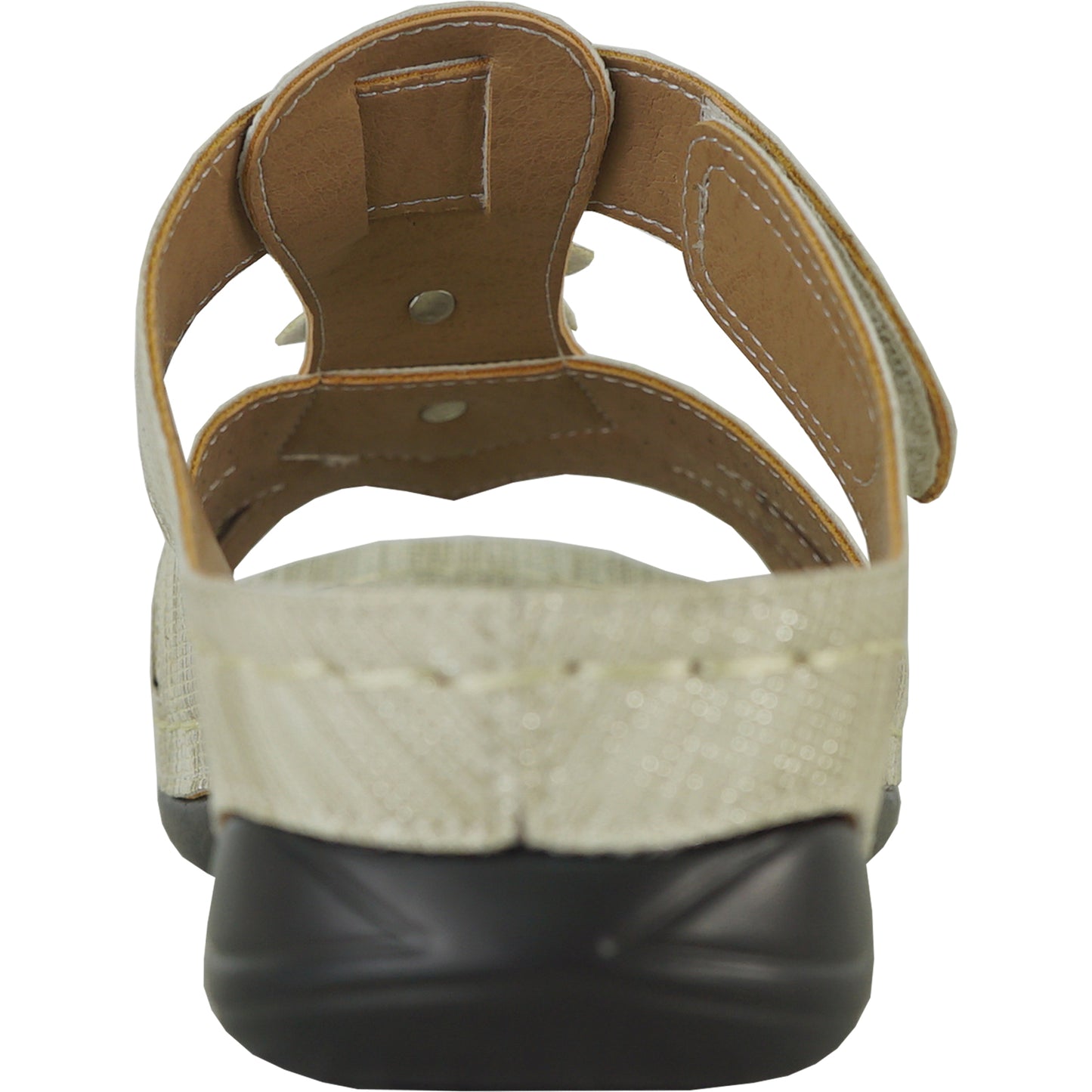 Beige sandal, rear view, flower detail.