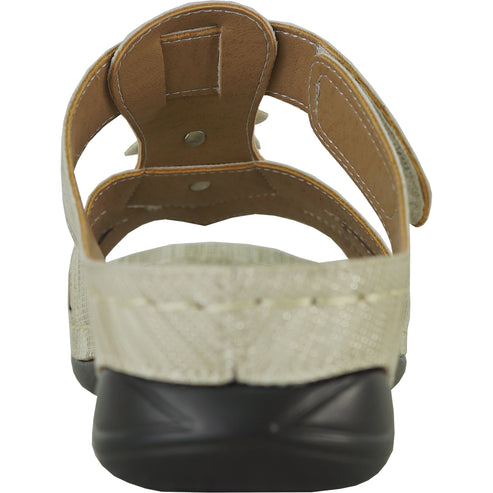 Beige sandal, rear view, flower detail.